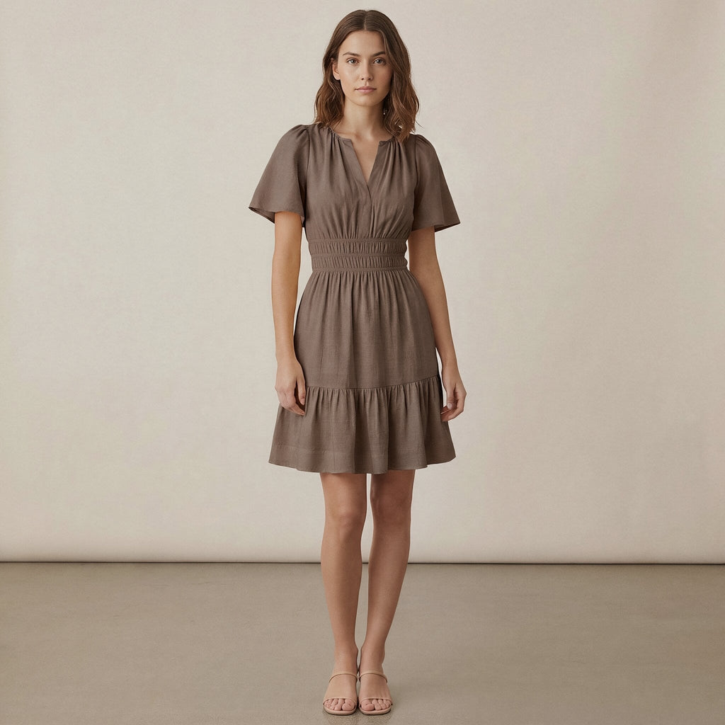Brown Cotton Linen Elasticated Short Tier Dress