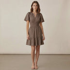 Brown Cotton Linen Elasticated Short Tier Dress