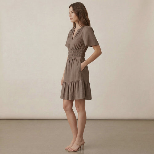 Brown Cotton Linen Elasticated Short Tier Dress