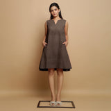 Brown Cotton Linen Embroidered Knee-Length Godet Dress