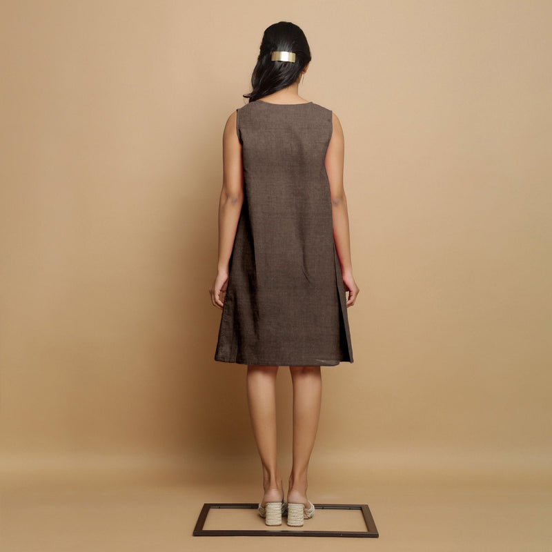 Brown Cotton Linen Embroidered Knee-Length Godet Dress