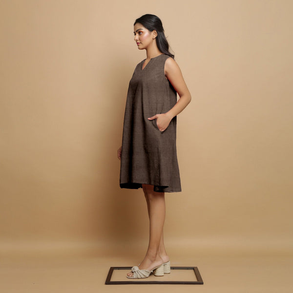Brown Cotton Linen Embroidered Knee-Length Godet Dress