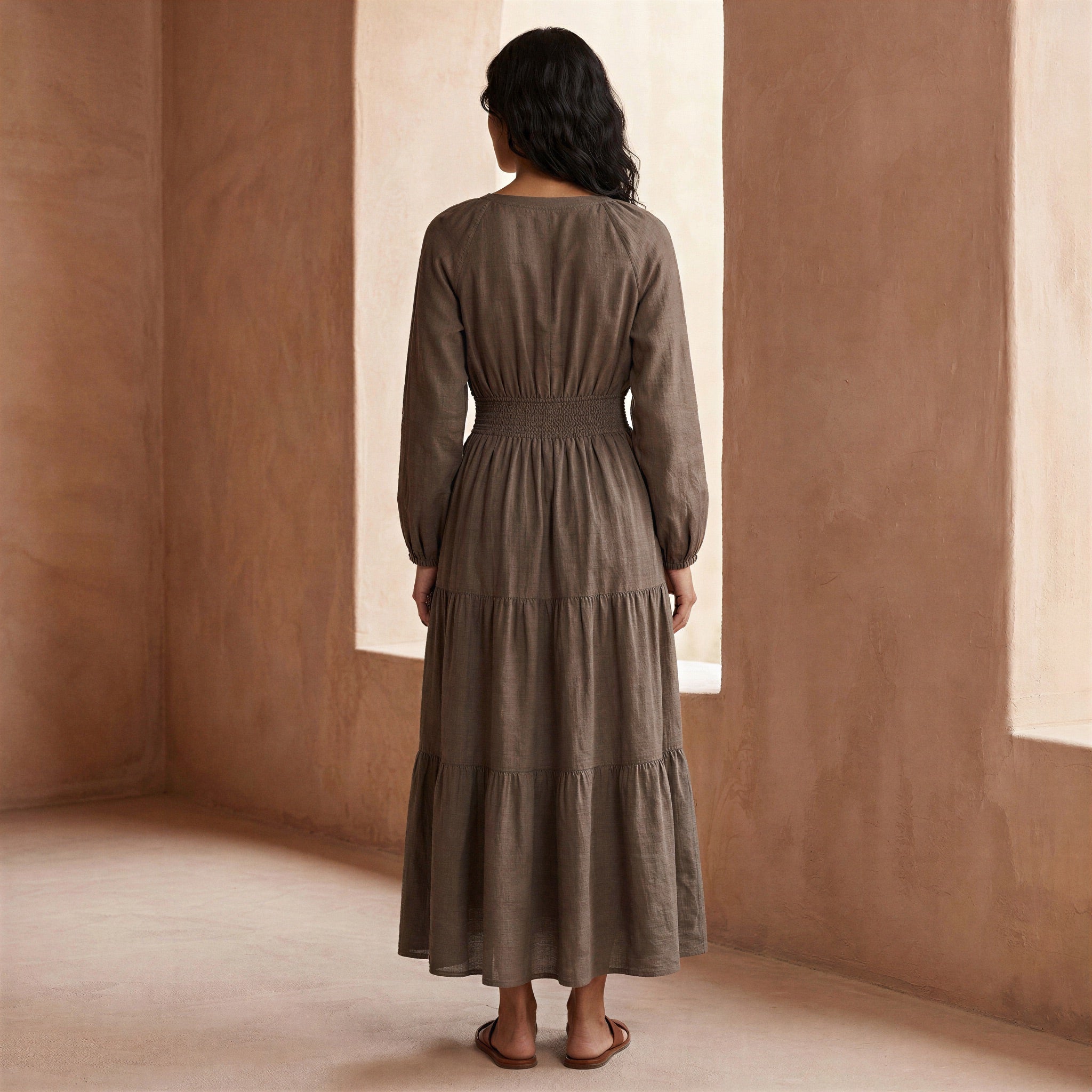 Brown Cotton Linen Fit and Flare Maxi Tier Dress