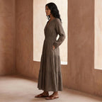 Brown Cotton Linen Fit and Flare Maxi Tier Dress