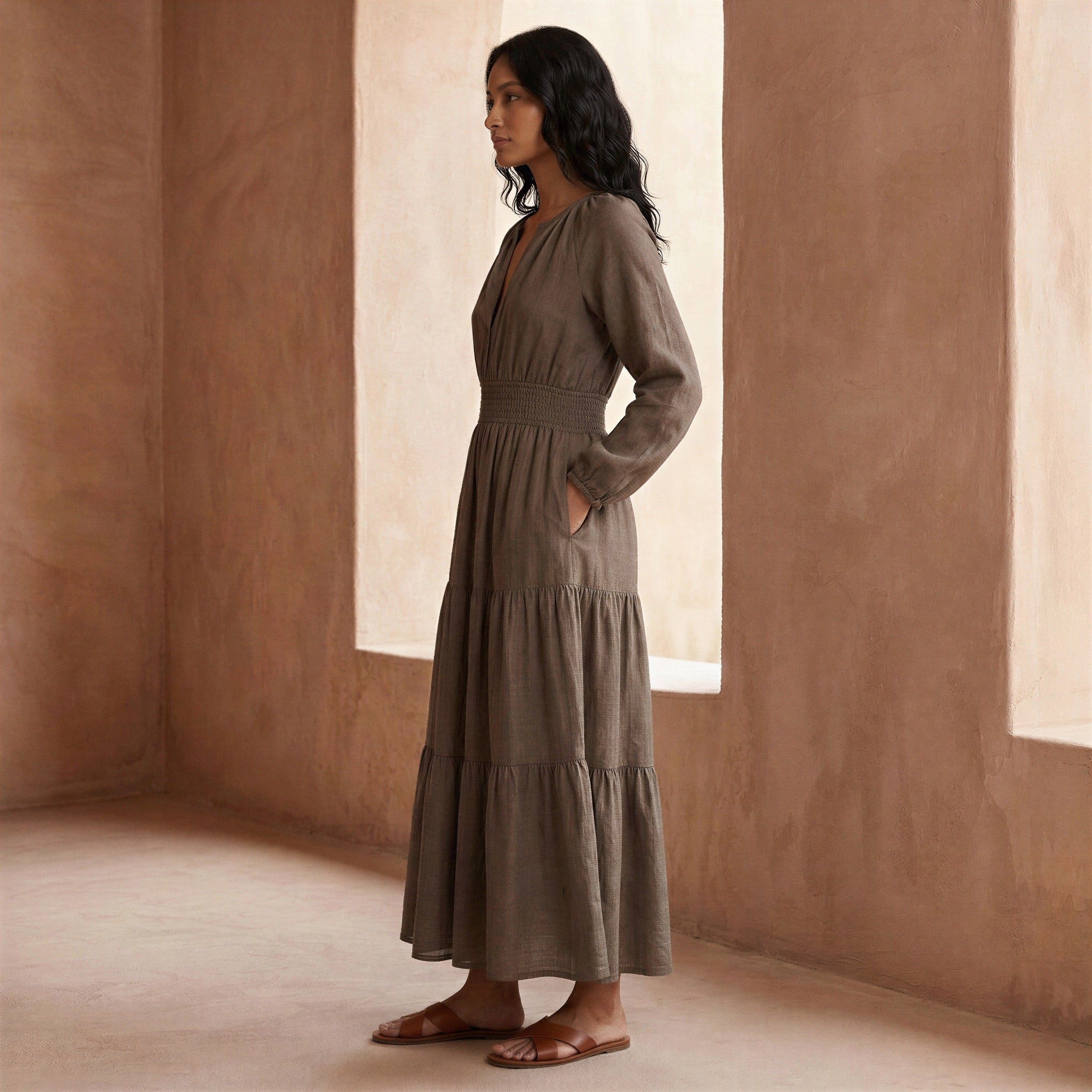 Brown Cotton Linen Fit and Flare Maxi Tier Dress