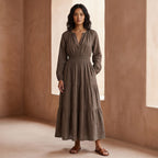 Brown Cotton Linen Fit and Flare Maxi Tier Dress