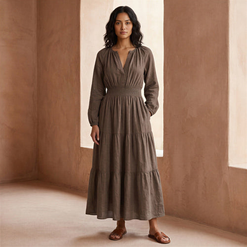 Brown Cotton Linen Fit and Flare Maxi Tier Dress