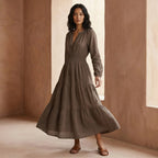 Brown Cotton Linen Fit and Flare Maxi Tier Dress