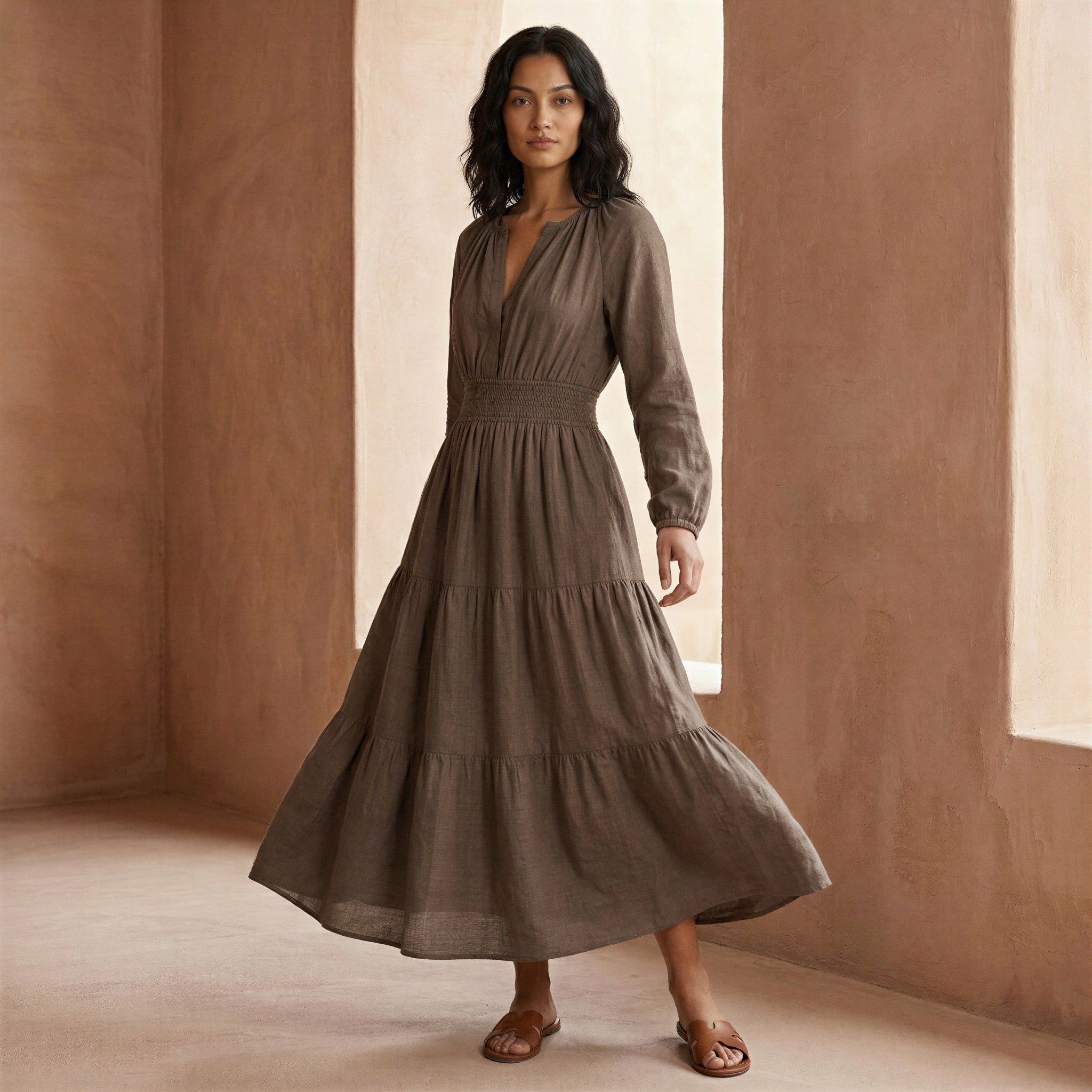 Brown Cotton Linen Fit and Flare Maxi Tier Dress