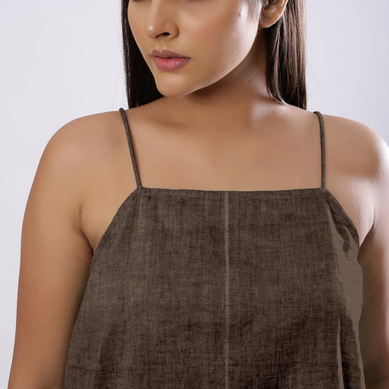 Brown Cotton Linen Flared Camisole Top
