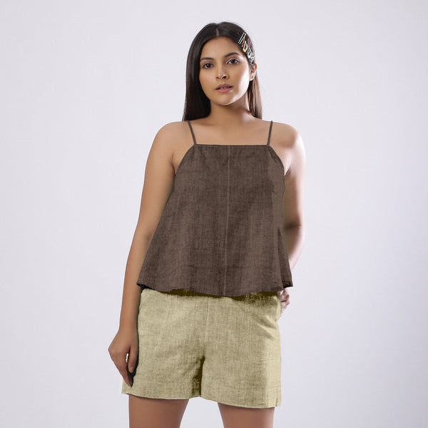 Brown Cotton Linen Flared Camisole Top
