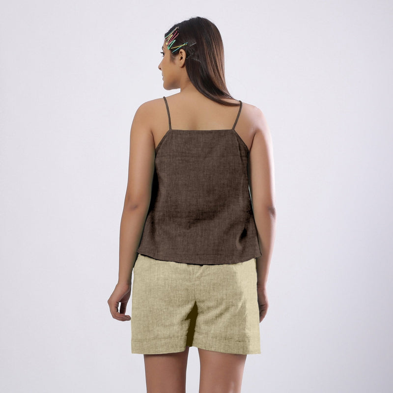 Brown Cotton Linen Flared Camisole Top