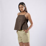 Brown Cotton Linen Flared Camisole Top