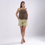 Brown Cotton Linen Flared Camisole Top
