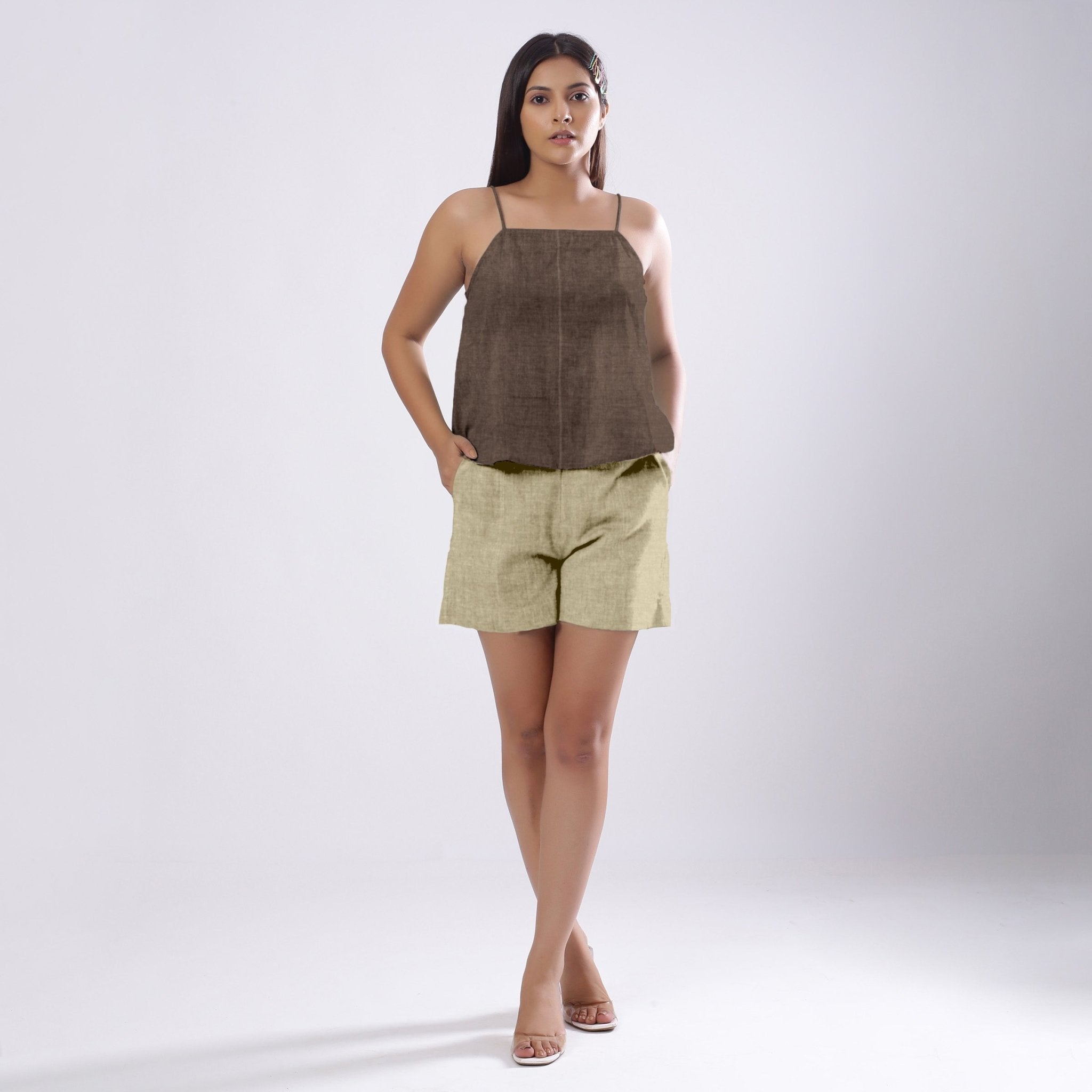 Brown Cotton Linen Flared Camisole Top
