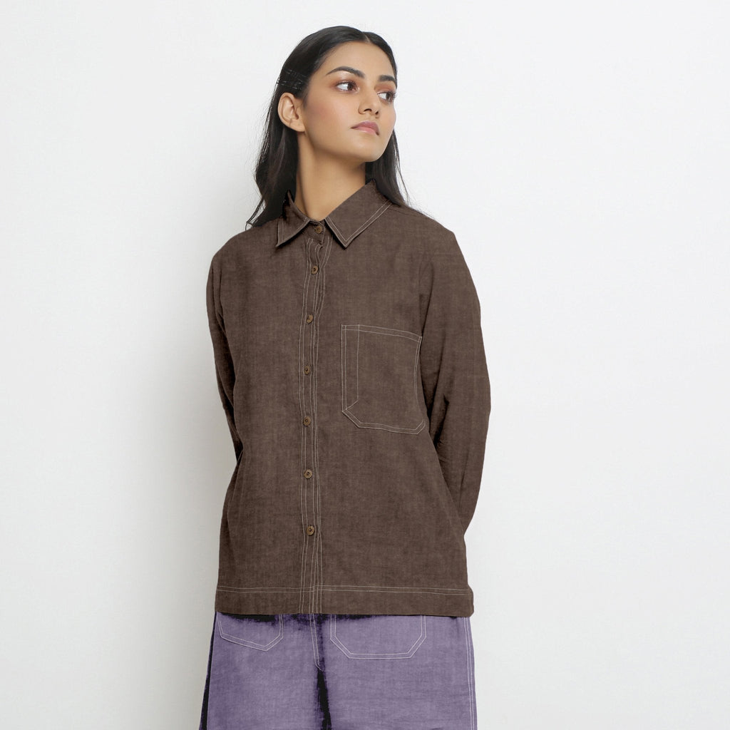 Brown Cotton Linen Full Sleeve Button-Down Shirt