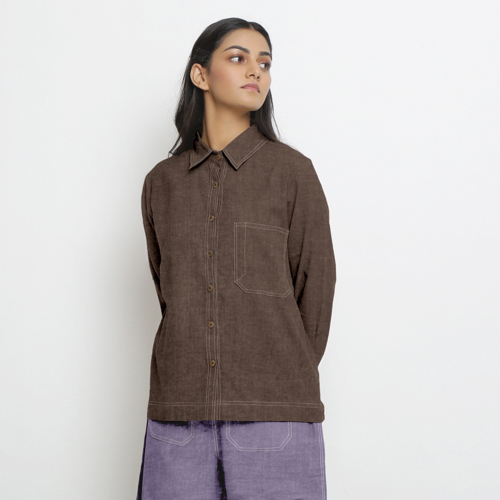 Brown Cotton Linen Full Sleeve Button-Down Shirt