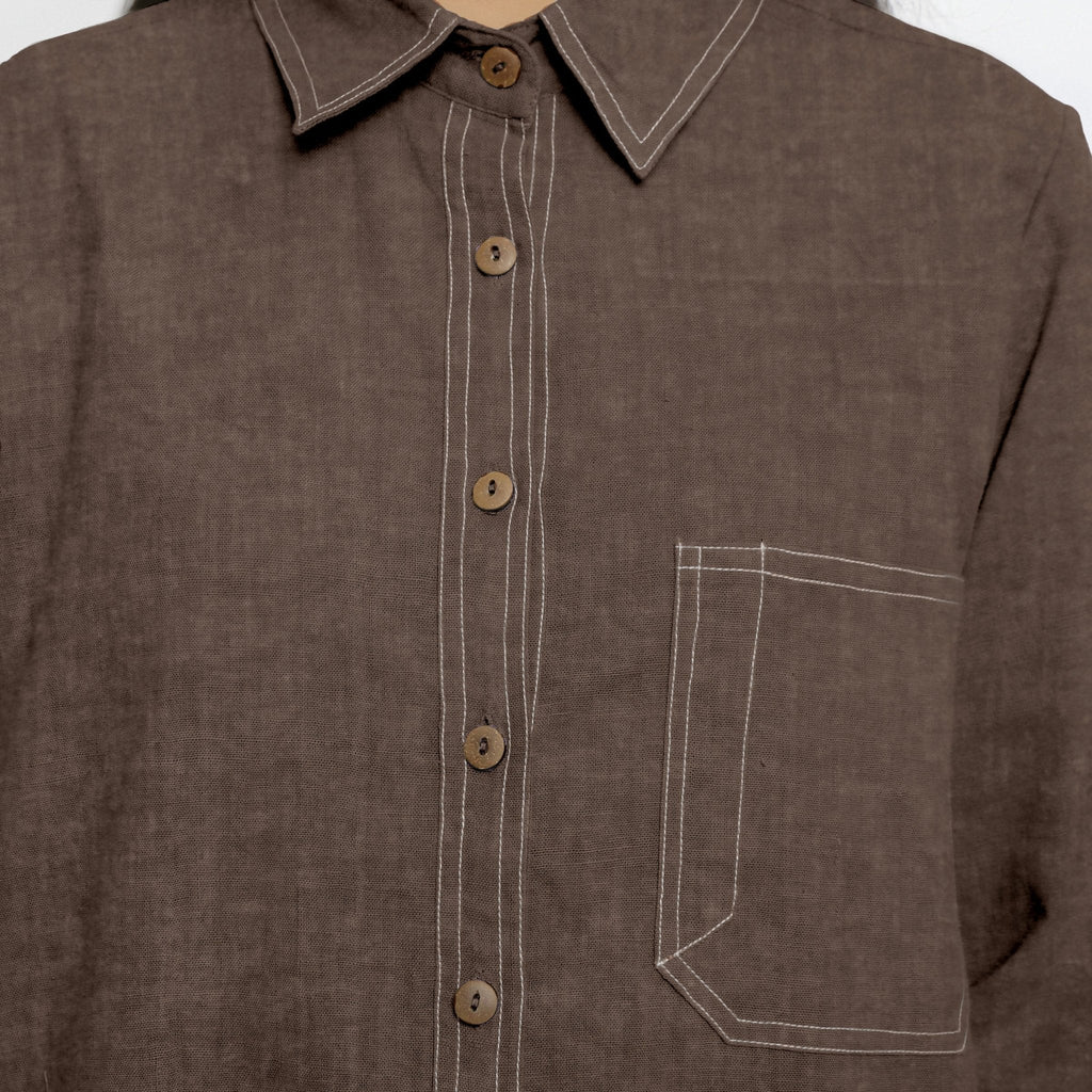 Brown Cotton Linen Full Sleeve Button-Down Shirt