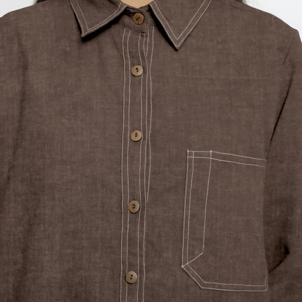 Brown Cotton Linen Full Sleeve Button-Down Shirt