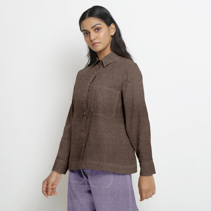 Brown Cotton Linen Full Sleeve Button-Down Shirt