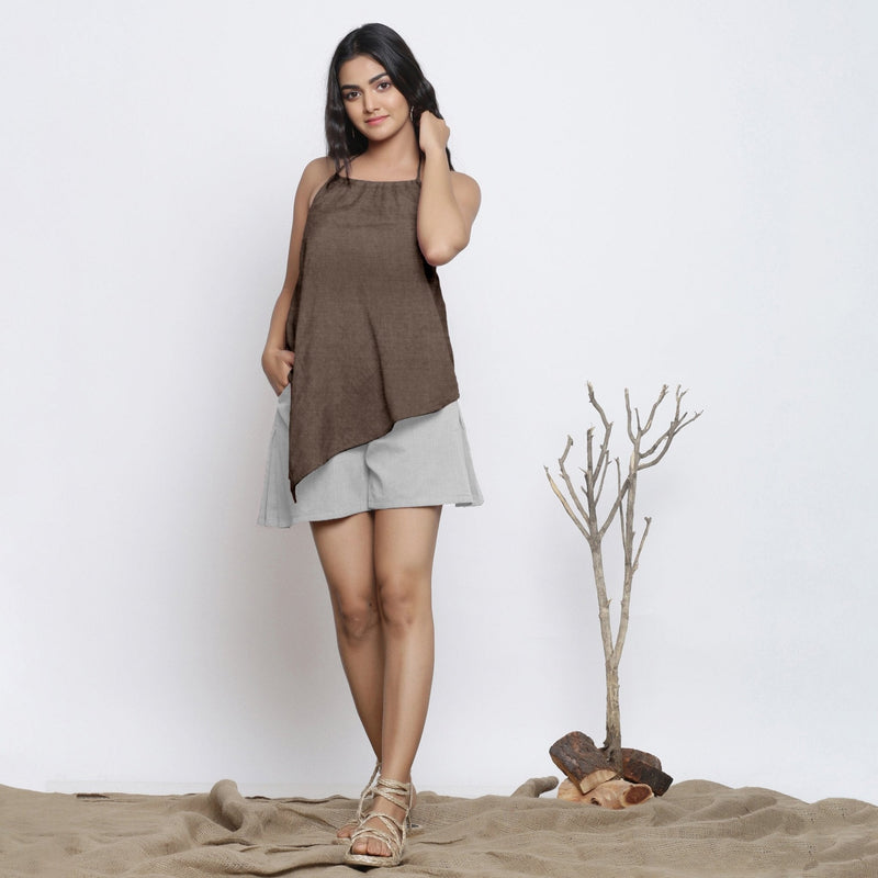 Brown Cotton Linen Halter Neck Handkerchief Top
