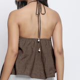 Brown Cotton Linen Halter Neck Handkerchief Top