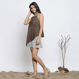 Brown Cotton Linen Halter Neck Handkerchief Top