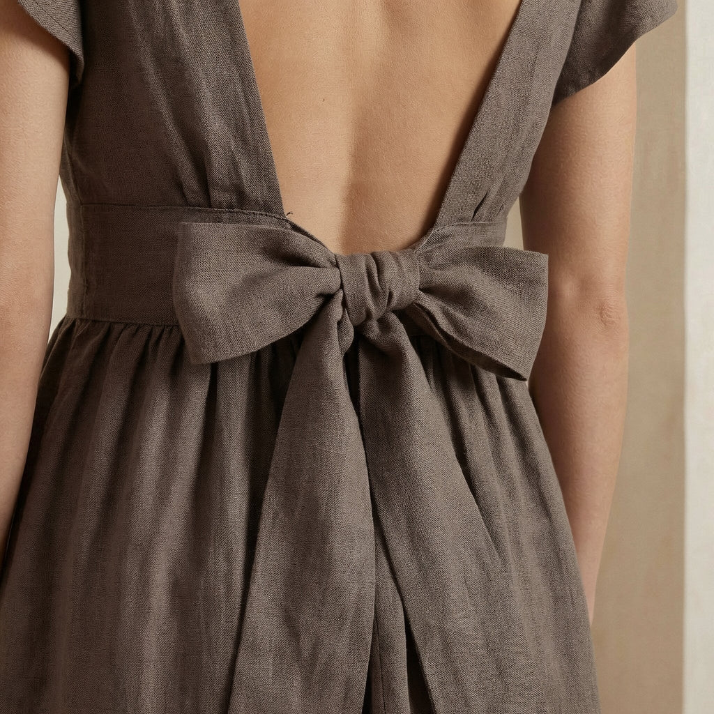 Brown Cotton Linen Open-Back Fit and Flare Knee Length Dress
