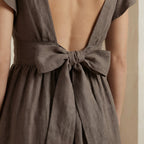 Brown Cotton Linen Open-Back Fit and Flare Knee Length Dress