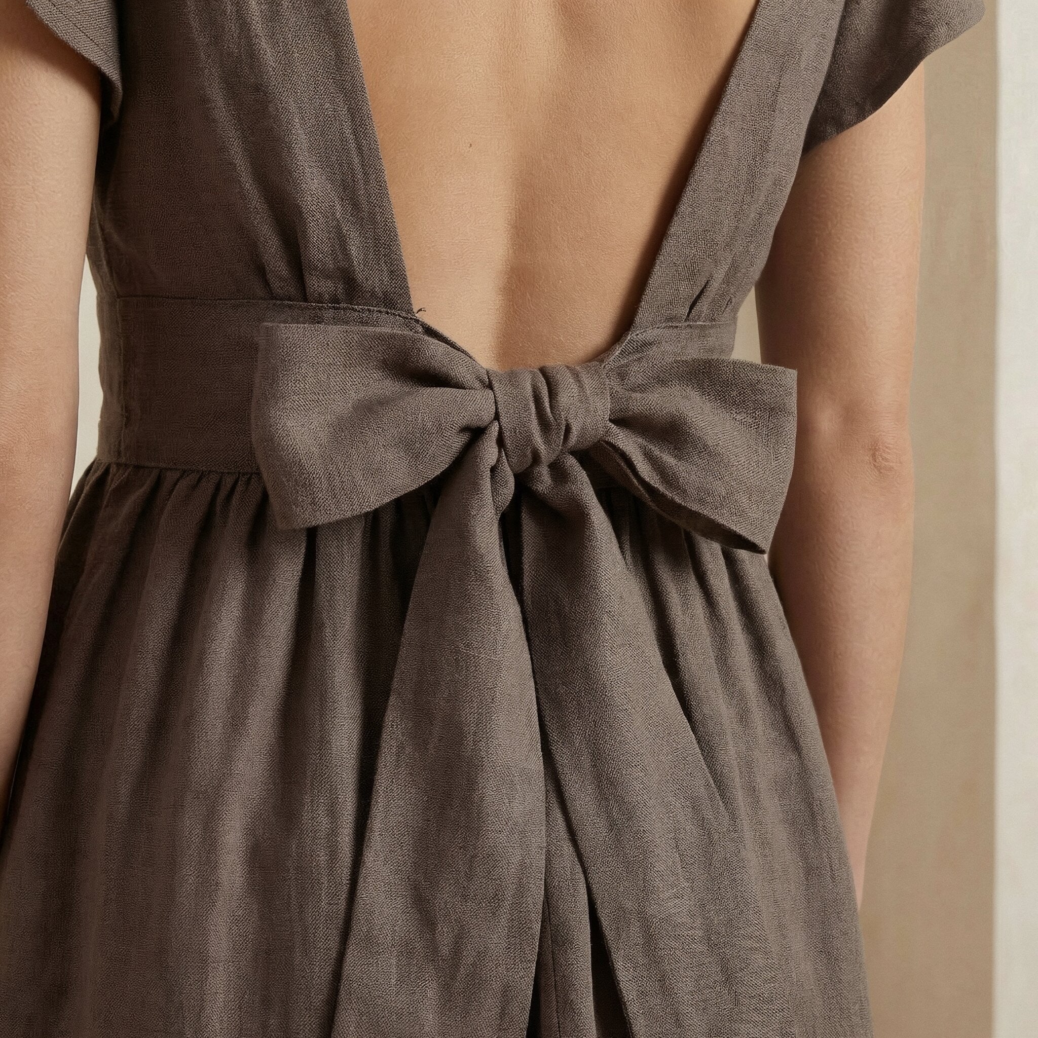 Brown Cotton Linen Open-Back Fit and Flare Knee Length Dress