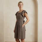 Brown Cotton Linen Open-Back Fit and Flare Knee Length Dress
