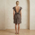 Brown Cotton Linen Open-Back Fit and Flare Knee Length Dress