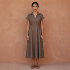 Brown Cotton Linen Paneled A-Line Midi Dress