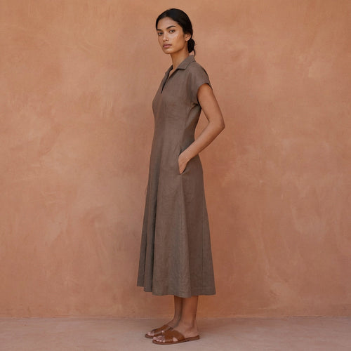 Brown Cotton Linen Paneled A-Line Midi Dress