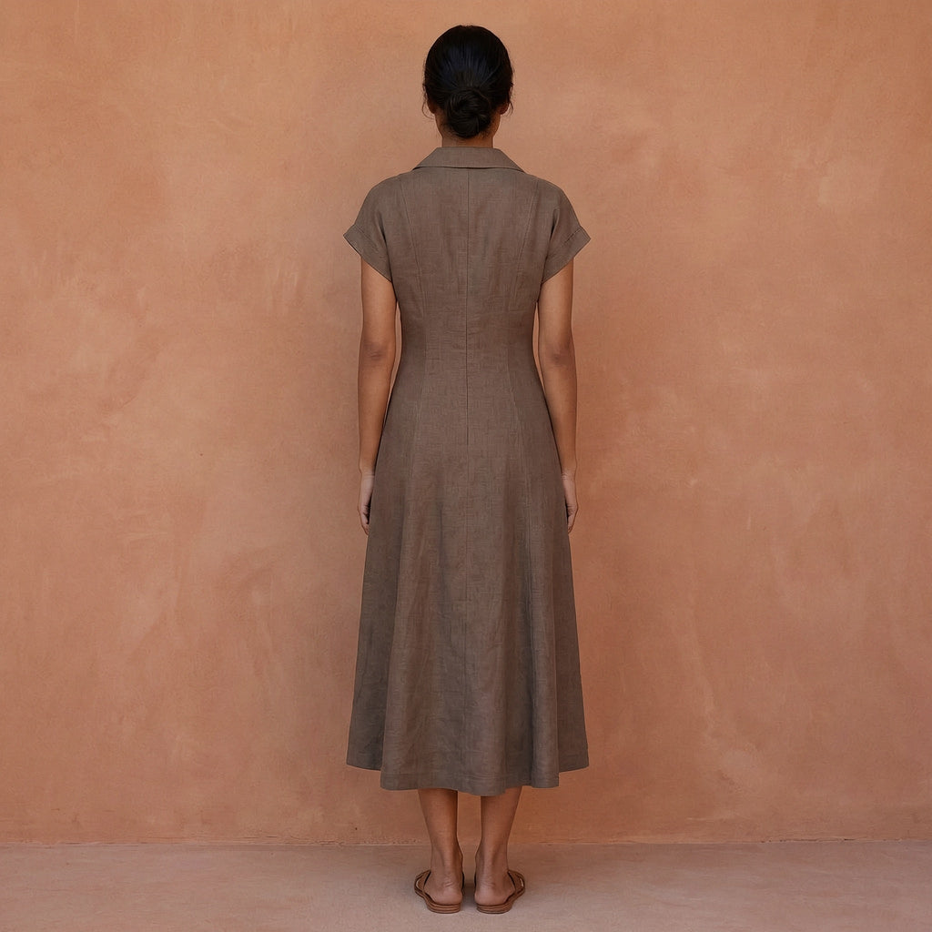 Brown Cotton Linen Paneled A-Line Midi Dress