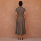 Brown Cotton Linen Paneled A-Line Midi Dress