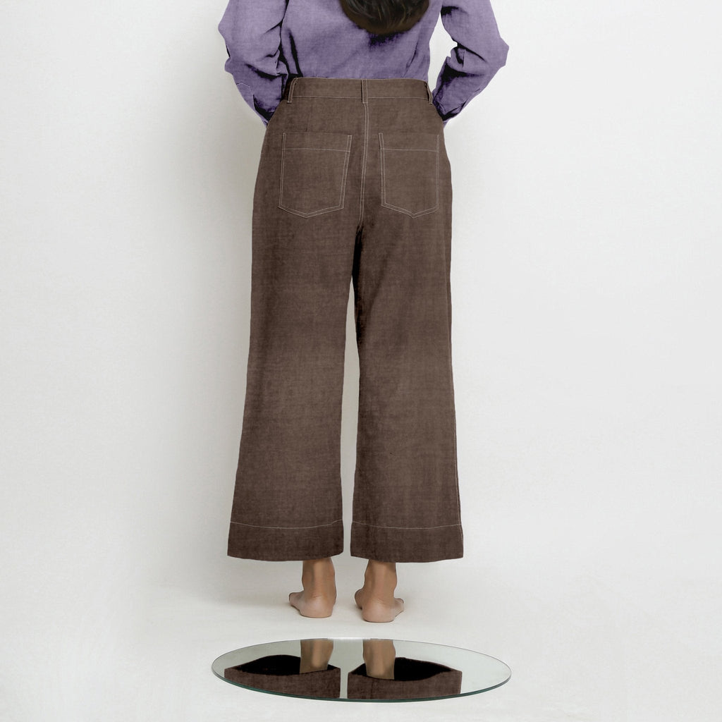 Brown Cotton Linen Patch Pocket Wide Legged Pant