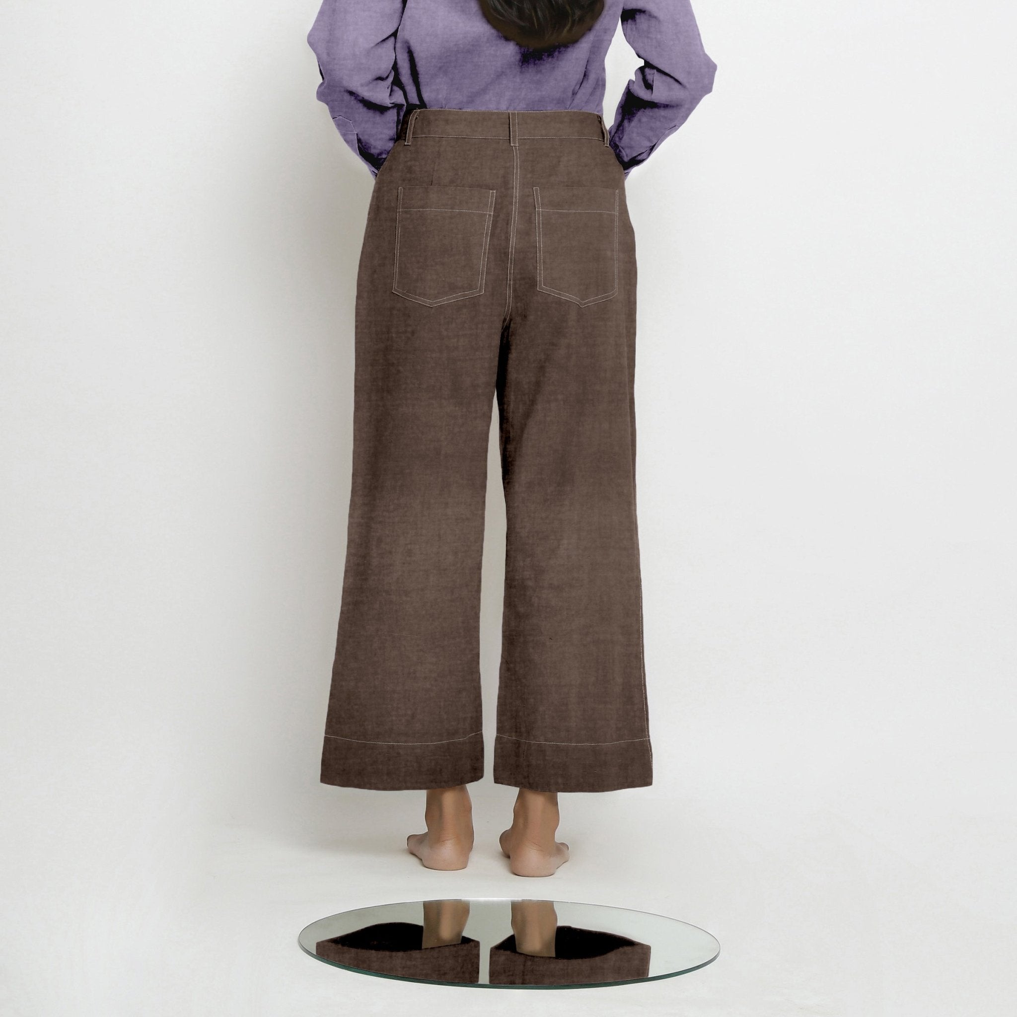 Brown Cotton Linen Patch Pocket Wide Legged Pant