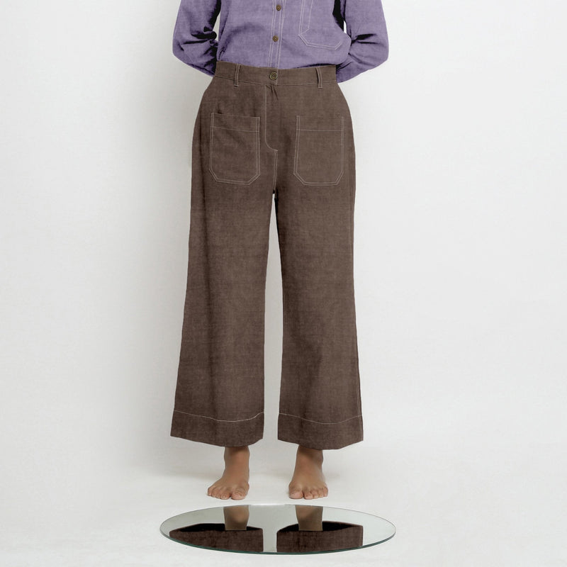 Brown Cotton Linen Patch Pocket Wide Legged Pant