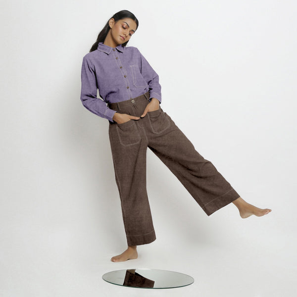 Brown Cotton Linen Patch Pocket Wide Legged Pant
