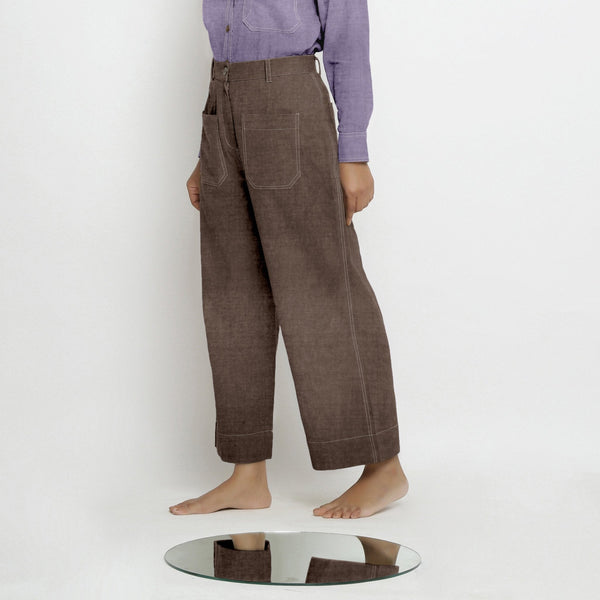 Brown Cotton Linen Patch Pocket Wide Legged Pant