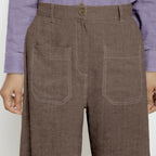 Brown Cotton Linen Patch Pocket Wide Legged Pant