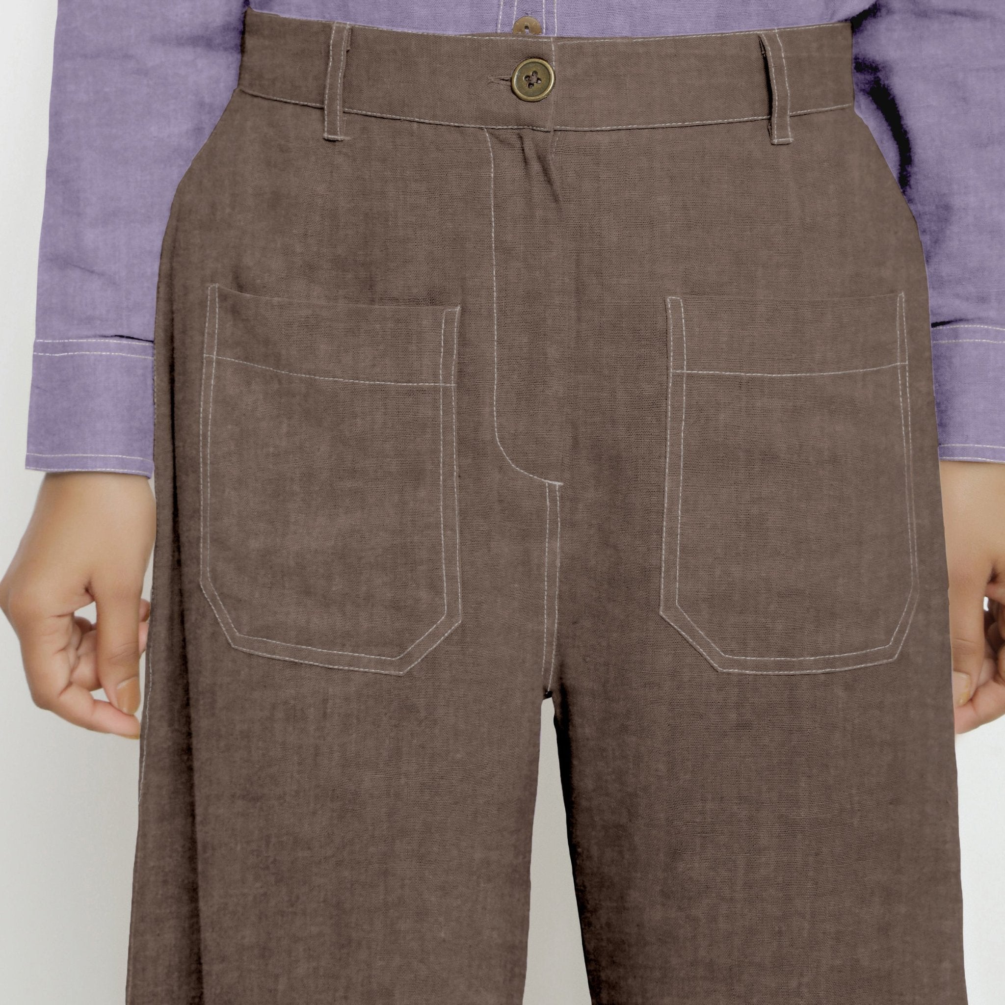 Brown Cotton Linen Patch Pocket Wide Legged Pant