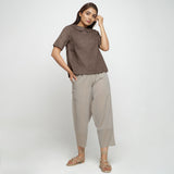 Brown Cotton Linen Peter Pan Collar Half Sleeve Top