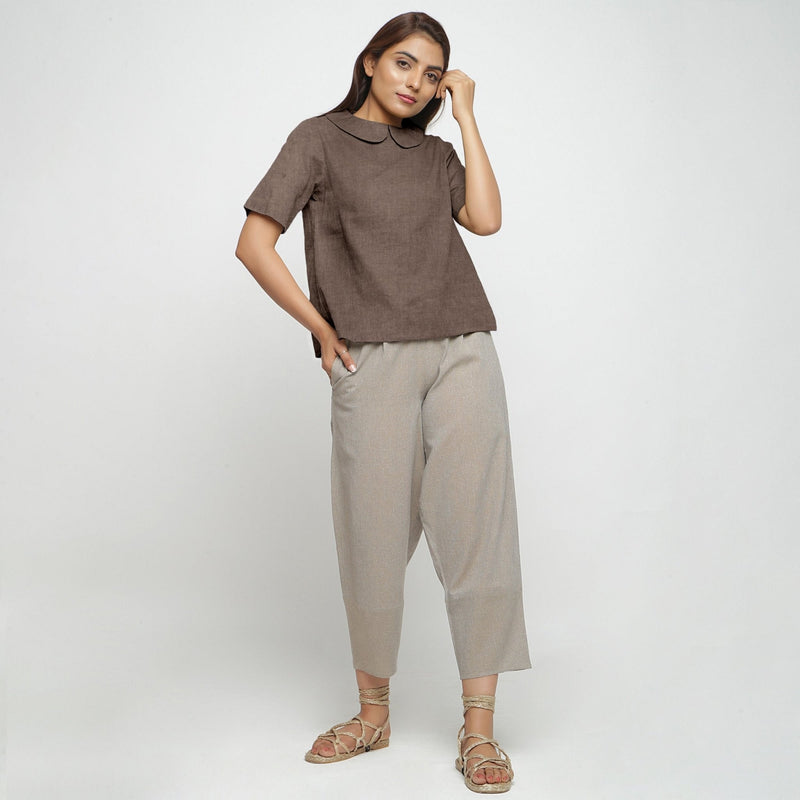 Brown Cotton Linen Peter Pan Collar Half Sleeve Top