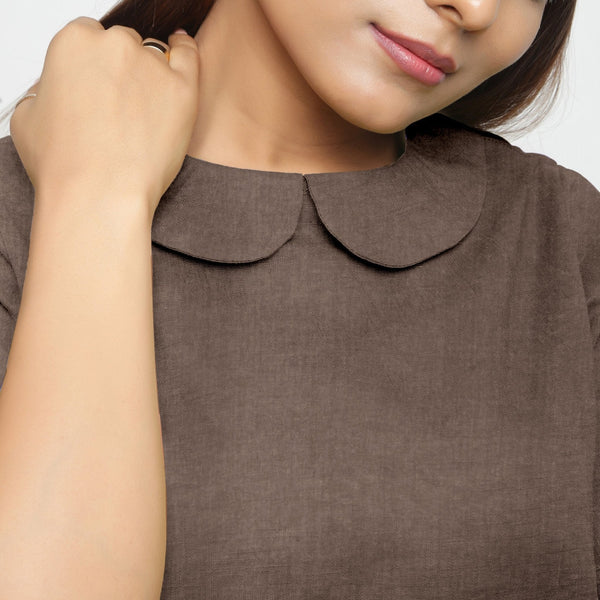 Brown Cotton Linen Peter Pan Collar Half Sleeve Top