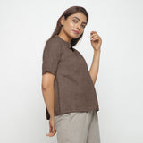 Brown Cotton Linen Peter Pan Collar Half Sleeve Top