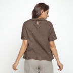 Brown Cotton Linen Peter Pan Collar Half Sleeve Top