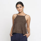 Brown Cotton Linen Relaxed Fit Spaghetti Top