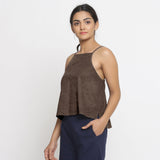 Brown Cotton Linen Relaxed Fit Spaghetti Top